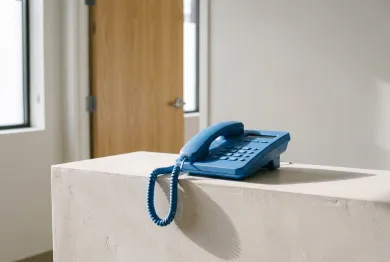 A blue desk phone on a plaster reception counter, an exam room door ajar