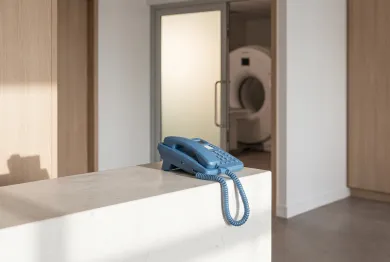 A blue desk phone on a stone counter, a scanner room door behind
