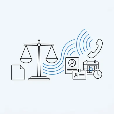 Small NYC law-firm reception with a receptionist lifting a phone, sound-wave arcs flowing toward a case-intake card and a calendar grid