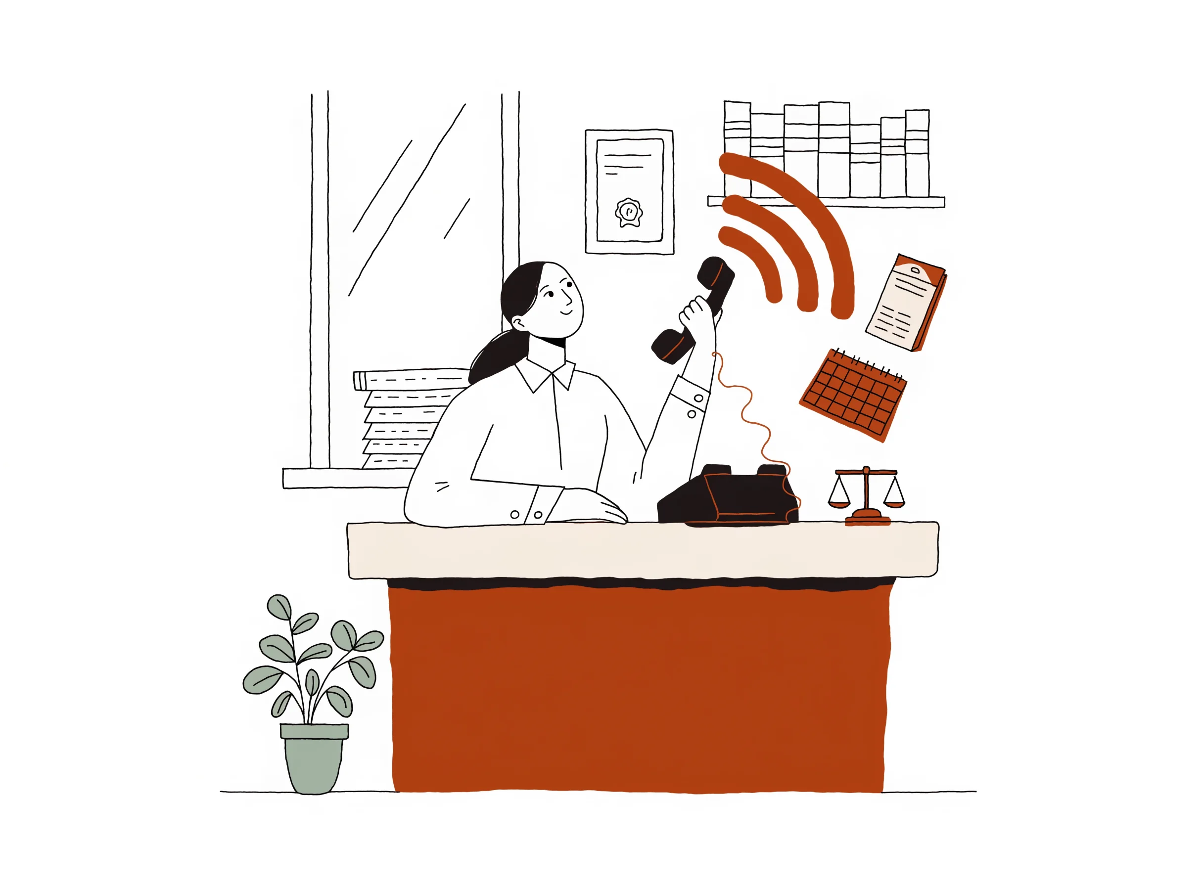 Small NYC law-firm reception with a receptionist lifting a phone, terracotta sound-wave arcs flowing toward a case-intake card and a calendar grid