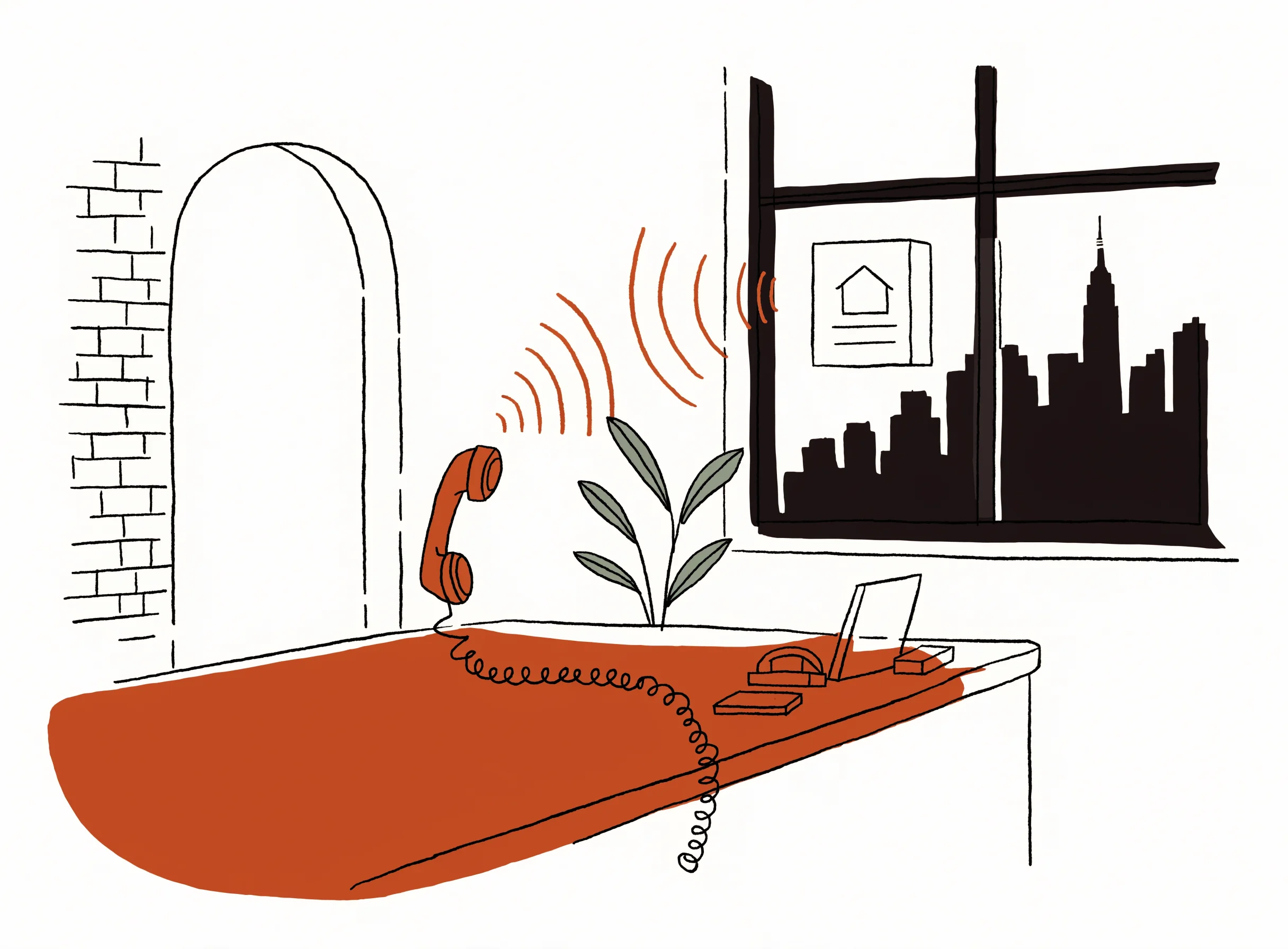 NYC brokerage desk with a phone receiver lifted, sound-wave arcs flowing toward a property card and the Manhattan skyline