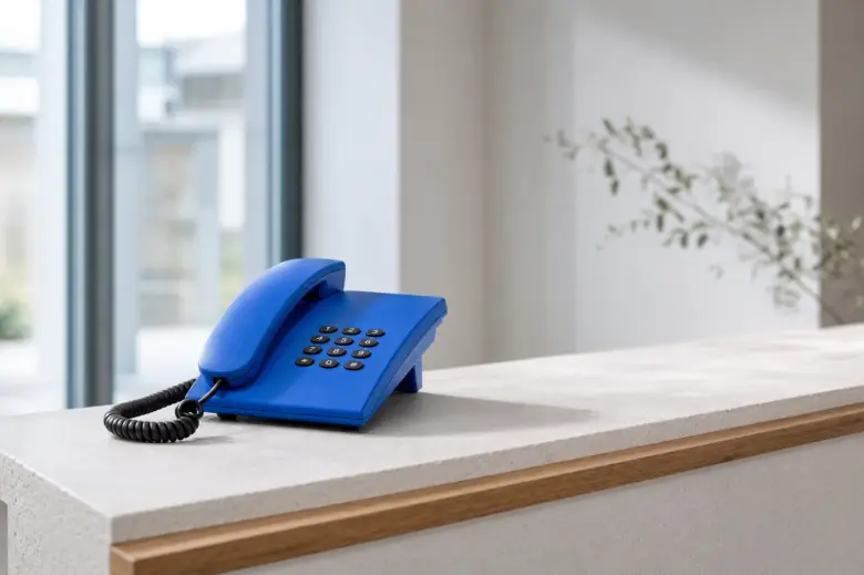 A blue desk phone on a sunlit reception counter